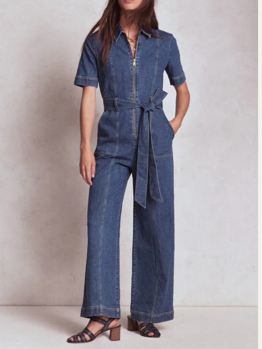 Boden Blue Denim Wide-Leg Jumpsuit with Self-Tie Belt Size 6